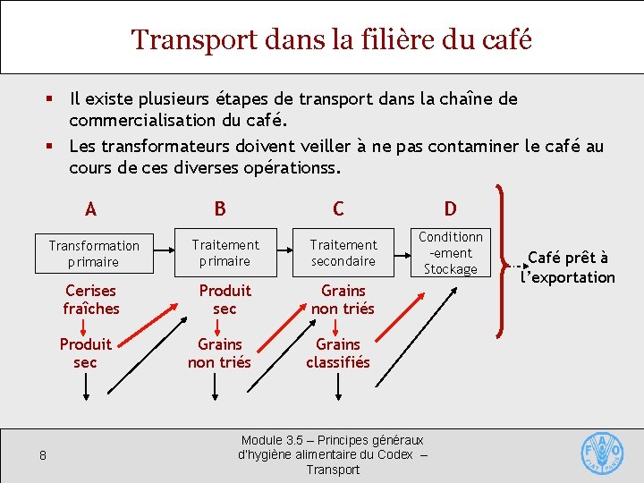 Transport dans la filière du café § Il existe plusieurs étapes de transport dans