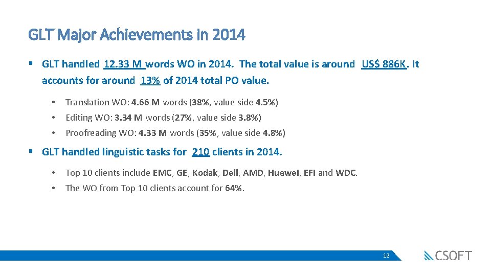 GLT Major Achievements in 2014 § GLT handled 12. 33 M words WO in