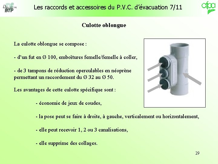Les raccords et accessoires du P. V. C. d’évacuation 7/11 Culotte oblongue La culotte Les raccords et accessoires du P. V. C. d’évacuation 7/11 Culotte oblongue La culotte