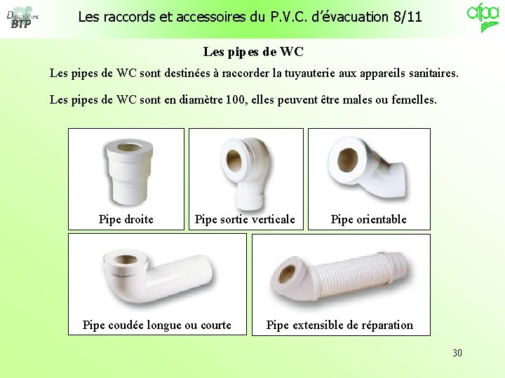 Les raccords et accessoires du P. V. C. d’évacuation 8/11 Les pipes de WC