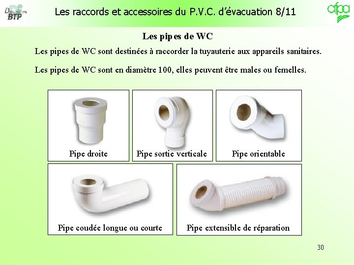 Les raccords et accessoires du P. V. C. d’évacuation 8/11 Les pipes de WC Les raccords et accessoires du P. V. C. d’évacuation 8/11 Les pipes de WC