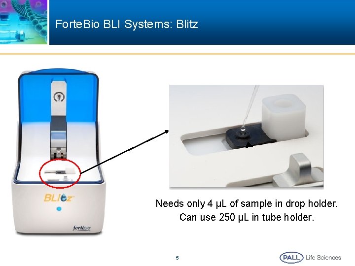 Forte. Bio BLI Systems: Blitz Needs only 4 µL of sample in drop holder.