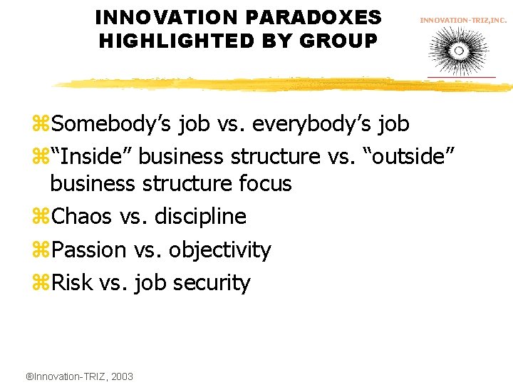 INNOVATION PARADOXES HIGHLIGHTED BY GROUP INNOVATION-TRIZ, INC. z. Somebody’s job vs. everybody’s job z“Inside”
