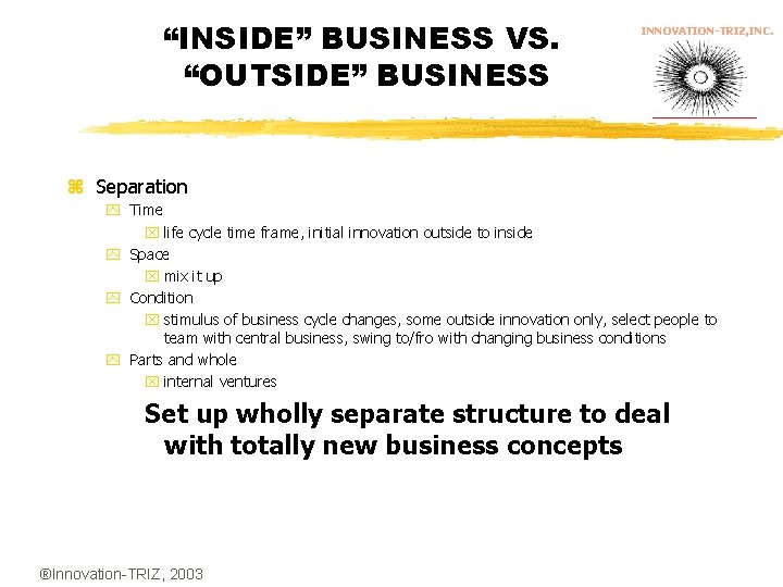 “INSIDE” BUSINESS VS. “OUTSIDE” BUSINESS INNOVATION-TRIZ, INC. z Separation y Time x life cycle