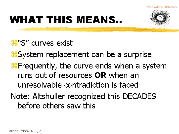 INNOVATION-TRIZ, INC. WHAT THIS MEANS. . z“S” curves exist z. System replacement can be