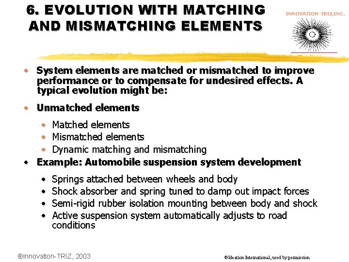 6. EVOLUTION WITH MATCHING AND MISMATCHING ELEMENTS INNOVATION-TRIZ, INC. • System elements are matched