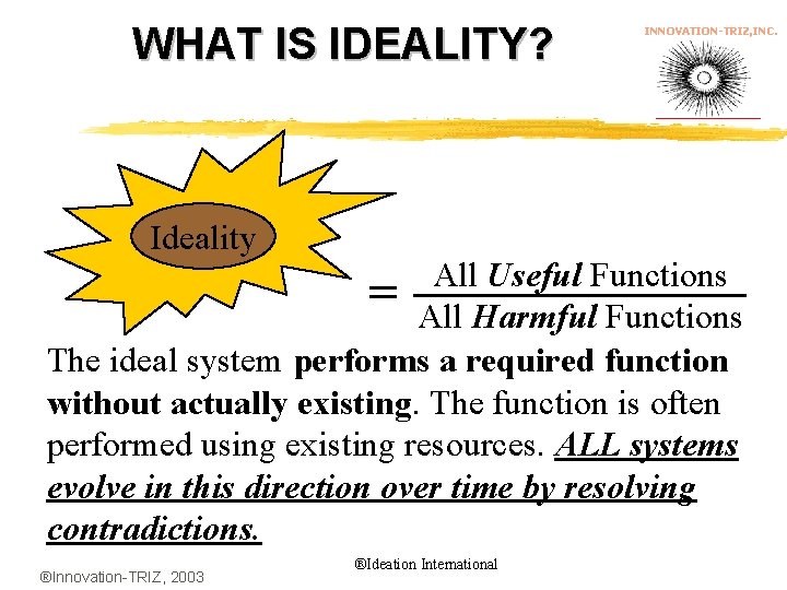 WHAT IS IDEALITY? Ideality INNOVATION-TRIZ, INC. All Useful Functions = All Harmful Functions The