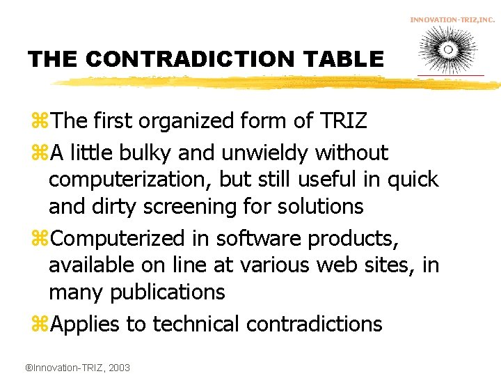 INNOVATION-TRIZ, INC. THE CONTRADICTION TABLE z. The first organized form of TRIZ z. A