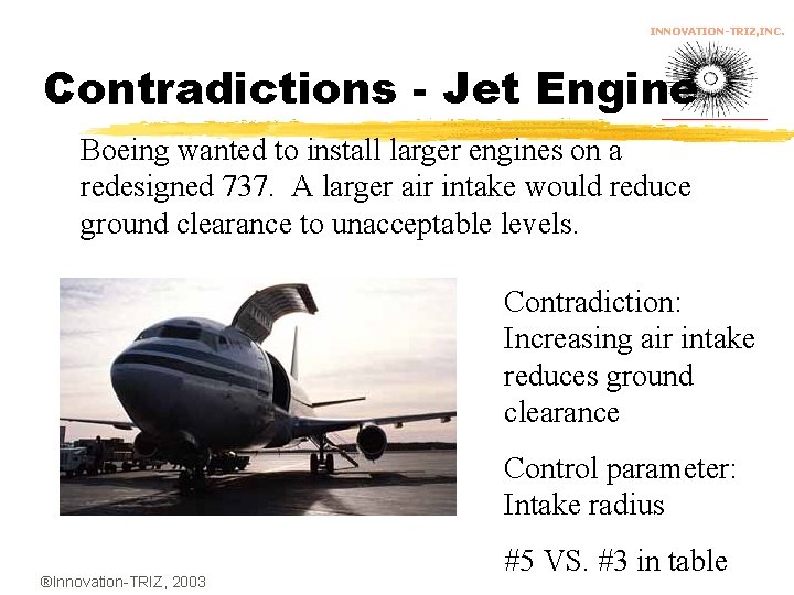 INNOVATION-TRIZ, INC. Contradictions - Jet Engine Boeing wanted to install larger engines on a