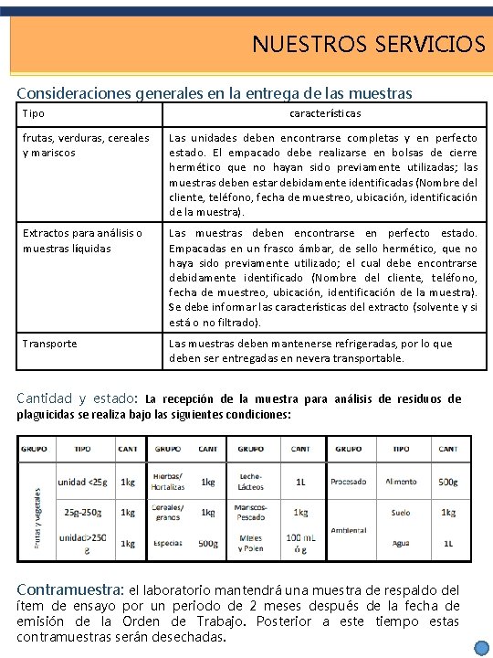 NUESTROS SERVICIOS Consideraciones generales en la entrega de las muestras Tipo características frutas, verduras,