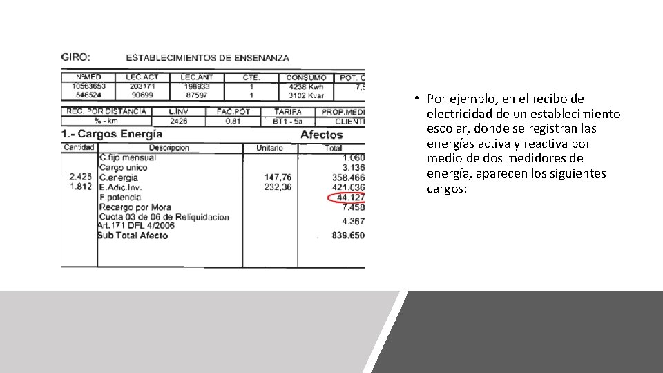  • Por ejemplo, en el recibo de electricidad de un establecimiento escolar, donde