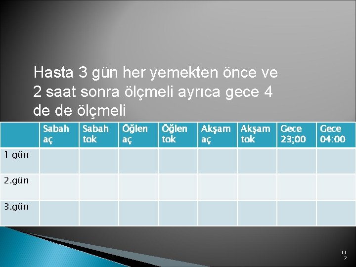 Hasta 3 gün her yemekten önce ve 2 saat sonra ölçmeli ayrıca gece 4