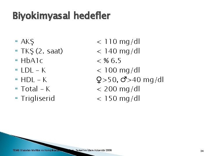 Biyokimyasal hedefler AKŞ TKŞ (2. saat) Hb. A 1 c LDL – K HDL