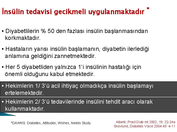 İnsülin tedavisi gecikmeli uygulanmaktadır * • Diyabetlilerin % 50 den fazlası insülin başlanmasından korkmaktadır.