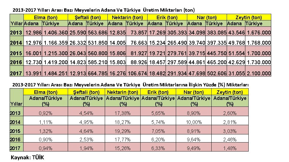 2013 -2017 Yılları Arası Bazı Meyvelerin Adana Ve Türkiye Üretim Miktarları (ton) Elma (ton)