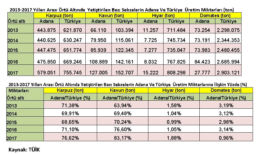 2013 -2017 Yılları Arası Örtü Altında Yetiştirilen Bazı Sebzelerin Adana Ve Türkiye Üretim Miktarları