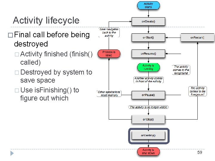 Activity lifecycle � Final call before being destroyed � Activity finished (finish() called) �