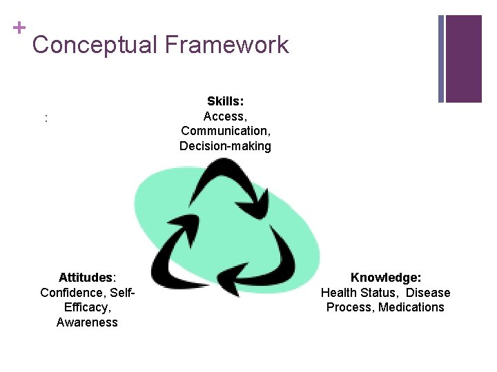 + Conceptual Framework : Attitudes: Confidence, Self. Efficacy, Awareness Skills: Access, Communication, Decision-making Knowledge: