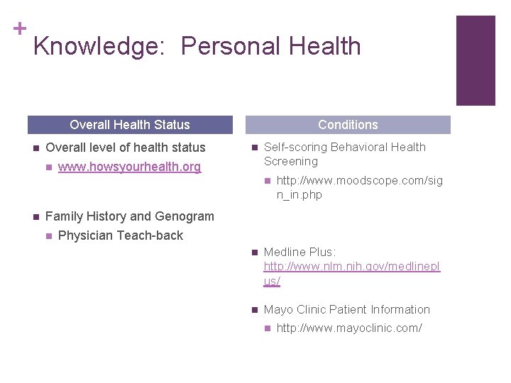 + Knowledge: Personal Health Overall Health Status n Overall level of health status n