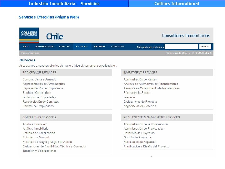 Industria Inmobiliaria: Servicios Ofrecidos (Página Web) Servicios Colliers International 