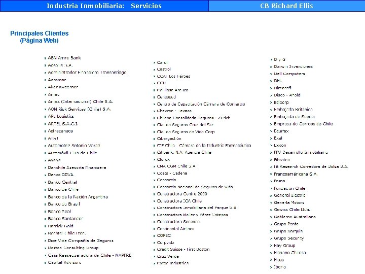 Industria Inmobiliaria: Principales Clientes (Página Web) Servicios CB Richard Ellis 