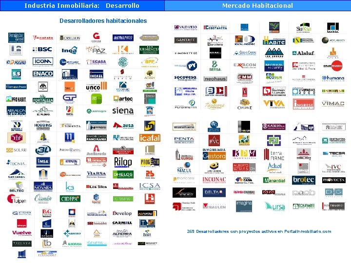 Industria Inmobiliaria: Desarrollo Mercado Habitacional Desarrolladores habitacionales 269 Desarrolladores con proyectos activos en Portalinmobiliario.