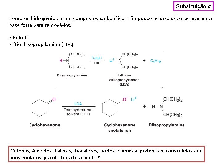 Substituição α Como os hidrogênios-α de compostos carbonílicos são pouco ácidos, deve-se usar uma