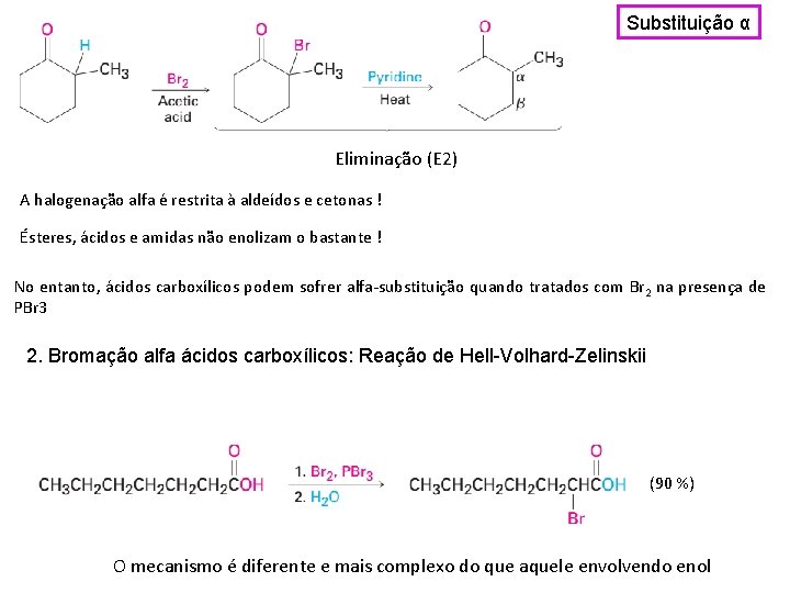 Substituição α Eliminação (E 2) A halogenação alfa é restrita à aldeídos e cetonas