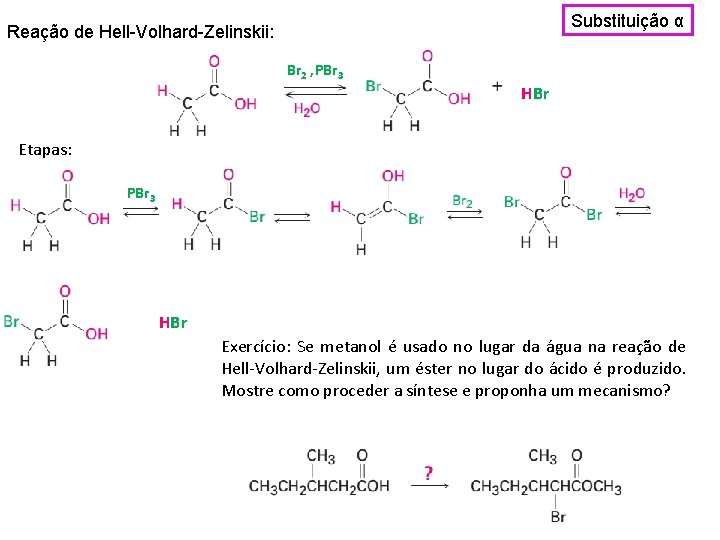 Substituição α Reação de Hell-Volhard-Zelinskii: Br 2 , PBr 3 HBr Etapas: PBr 3