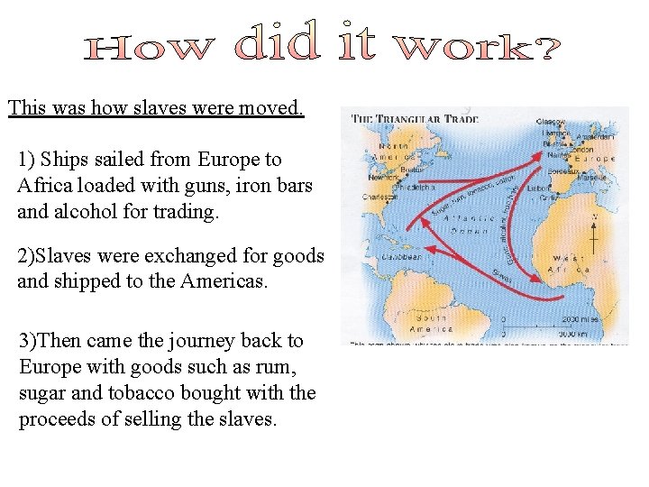 This was how slaves were moved. 1) Ships sailed from Europe to Africa loaded