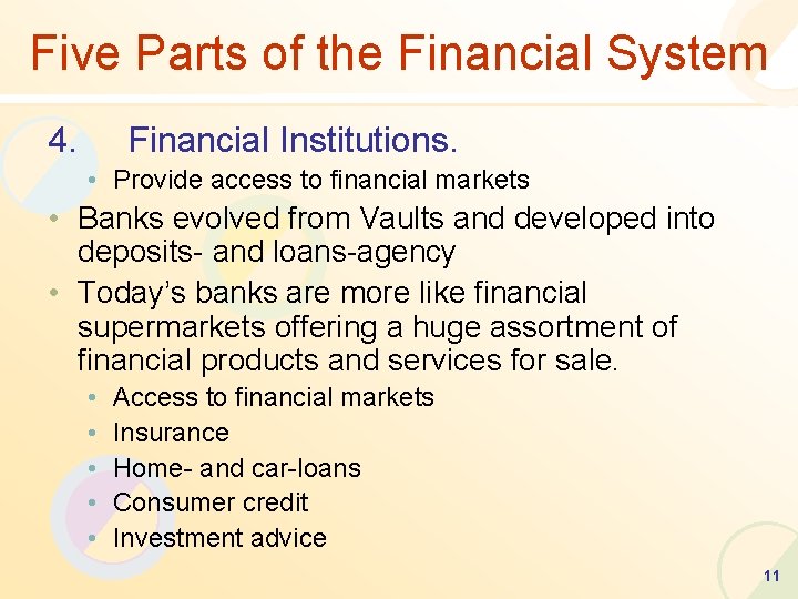 Five Parts of the Financial System 4. Financial Institutions. • Provide access to financial