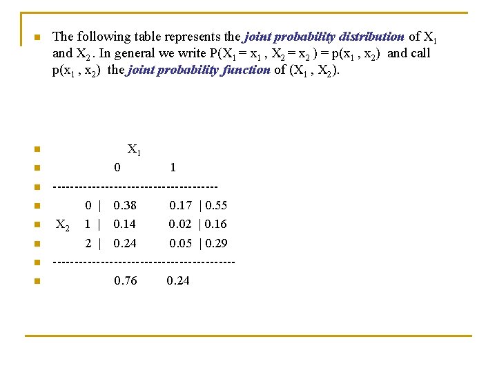 n n n n n The following table represents the joint probability distribution of