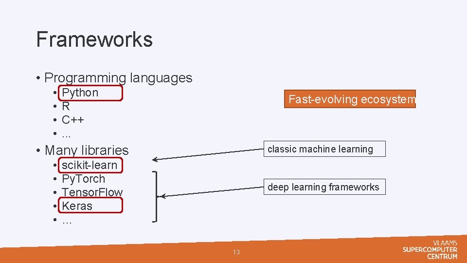 Frameworks • Programming languages • • Python R C++. . . Fast-evolving ecosystem! •