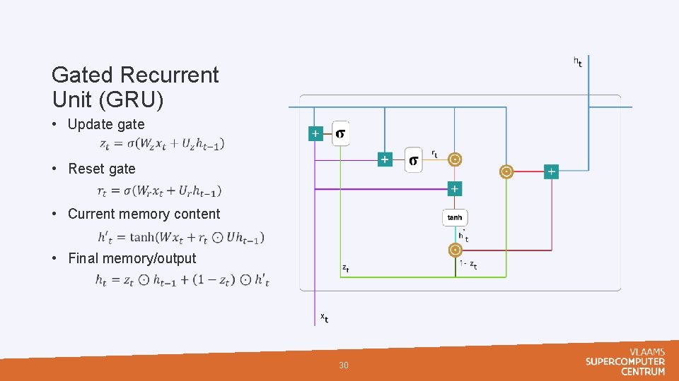 Gated Recurrent Unit (GRU) • Update gate • Reset gate • Current memory content