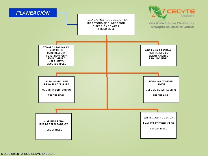 PLANEACIÓN ING. ADA MELINA COSS ORTA DIRECTORA DE PLANEACIÓN DIRECCIÓN DE ÁREA PRIMER NIVEL