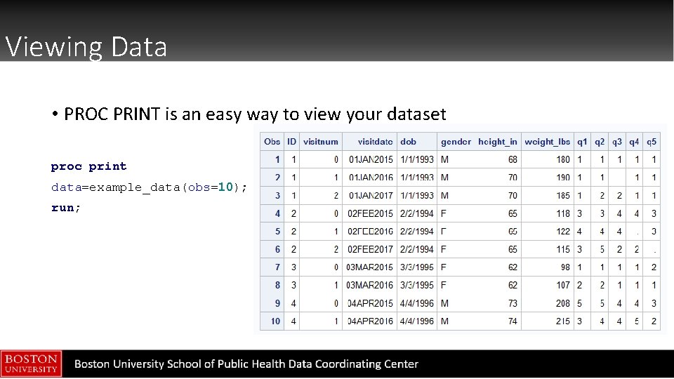 Viewing Data • PROC PRINT is an easy way to view your dataset proc