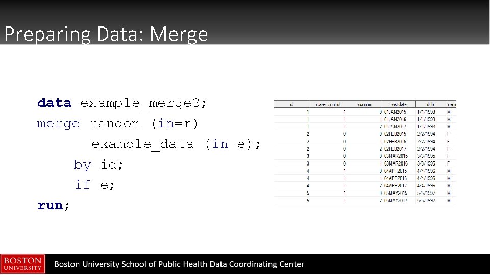 Preparing Data: Merge data example_merge 3; merge random (in=r) example_data (in=e); by id; if