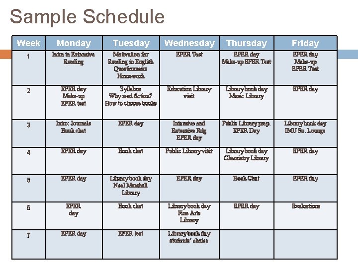 Sample Schedule Week Monday Tuesday Wednesday Thursday Friday 1 Intro to Extensive Reading Motivation Sample Schedule Week Monday Tuesday Wednesday Thursday Friday 1 Intro to Extensive Reading Motivation
