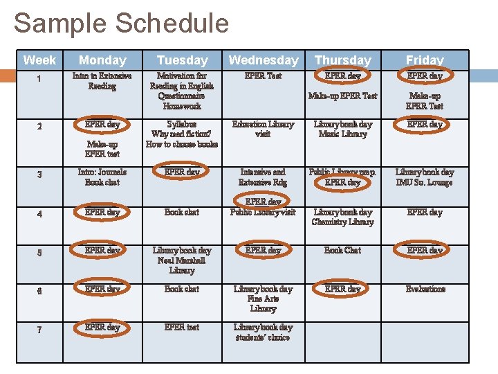 Sample Schedule Week Monday Tuesday Wednesday Thursday Friday 1 Intro to Extensive Reading Motivation