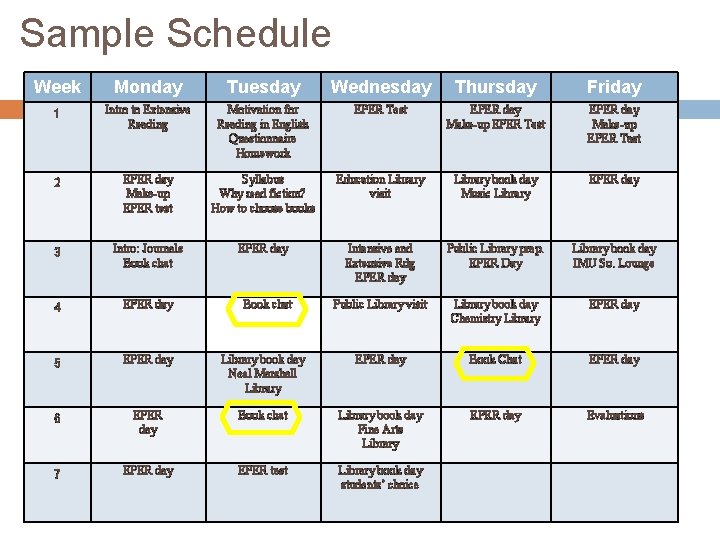 Sample Schedule Week Monday Tuesday Wednesday Thursday Friday 1 Intro to Extensive Reading Motivation Sample Schedule Week Monday Tuesday Wednesday Thursday Friday 1 Intro to Extensive Reading Motivation