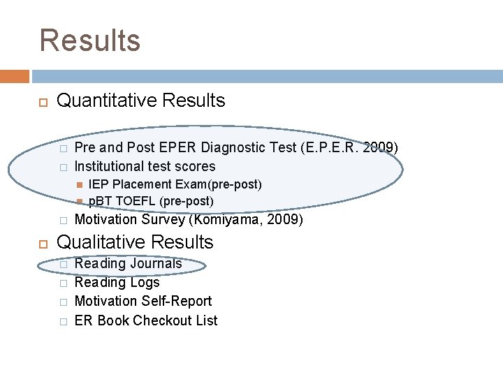 Results Quantitative Results � � Pre and Post EPER Diagnostic Test (E. P. E. Results Quantitative Results � � Pre and Post EPER Diagnostic Test (E. P. E.