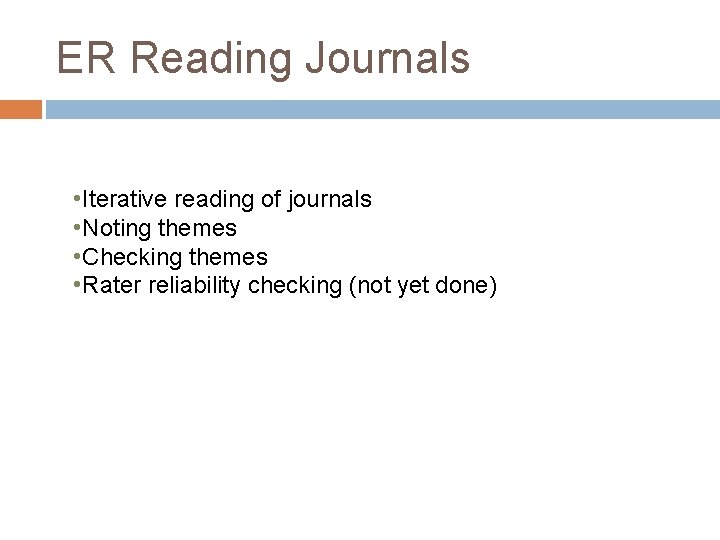 ER Reading Journals • Iterative reading of journals • Noting themes • Checking themes ER Reading Journals • Iterative reading of journals • Noting themes • Checking themes