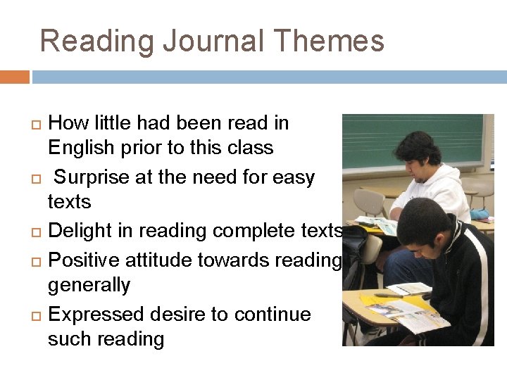 Reading Journal Themes How little had been read in English prior to this class
