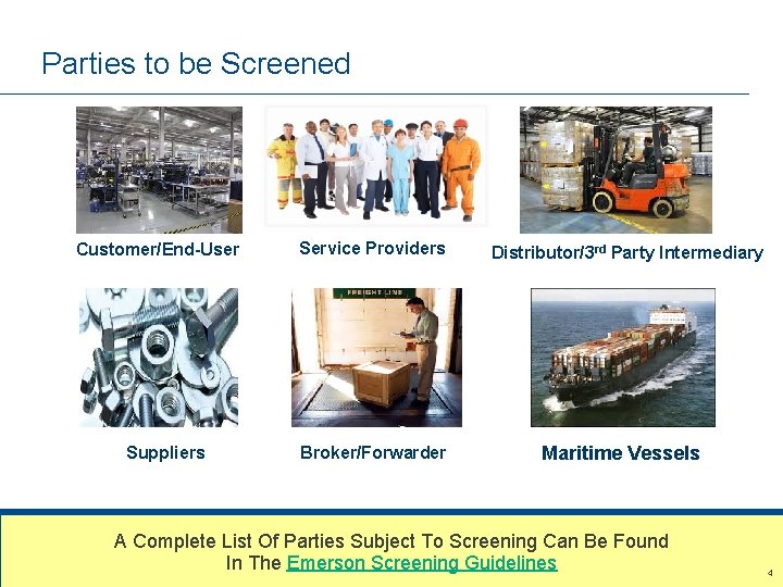 Parties to be Screened Customer/End-User Suppliers Service Providers Department of Commerce Broker/Forwarder Distributor/3 rd