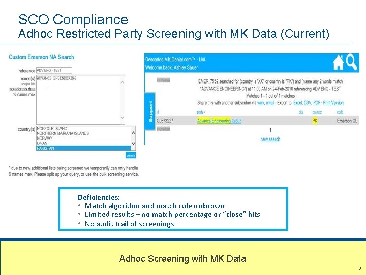SCO Compliance Adhoc Restricted Party Screening with MK Data (Current) Deficiencies: • Match algorithm