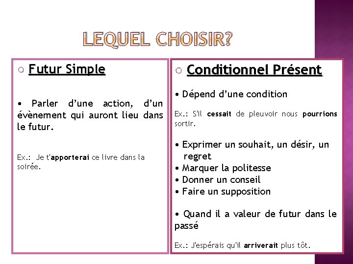 LEQUEL CHOISIR? ○ Futur Simple • Parler d’une action, d’un évènement qui auront lieu