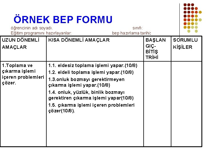 ÖRNEK BEP FORMU öğrencinin adı soyadı. Eğitim programını hazırlayanlar: sınıfı: bep hazırlama tarihi: UZUN