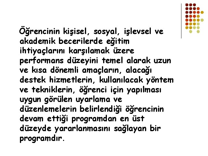 Öğrencinin kişisel, sosyal, işlevsel ve akademik becerilerde eğitim ihtiyaçlarını karşılamak üzere performans düzeyini temel