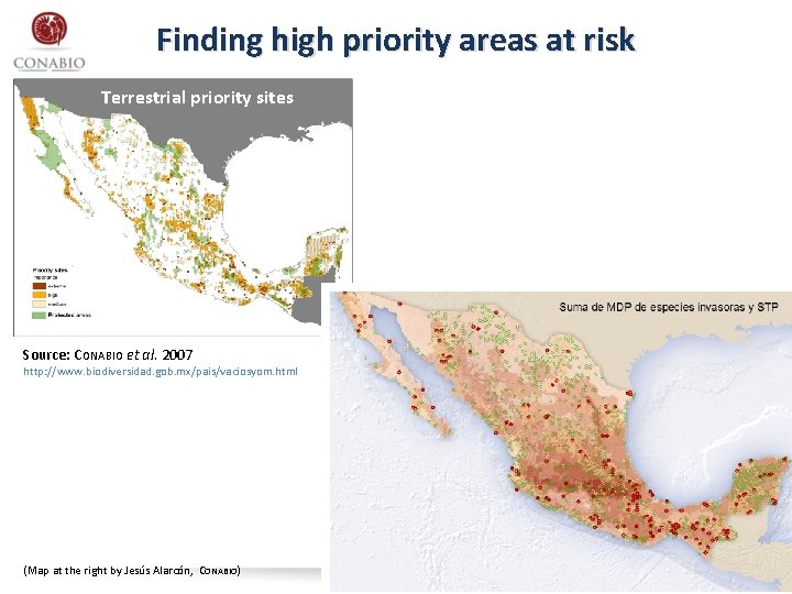 Finding high priority areas at risk Terrestrial priority sites Source: CONABIO et al. 2007