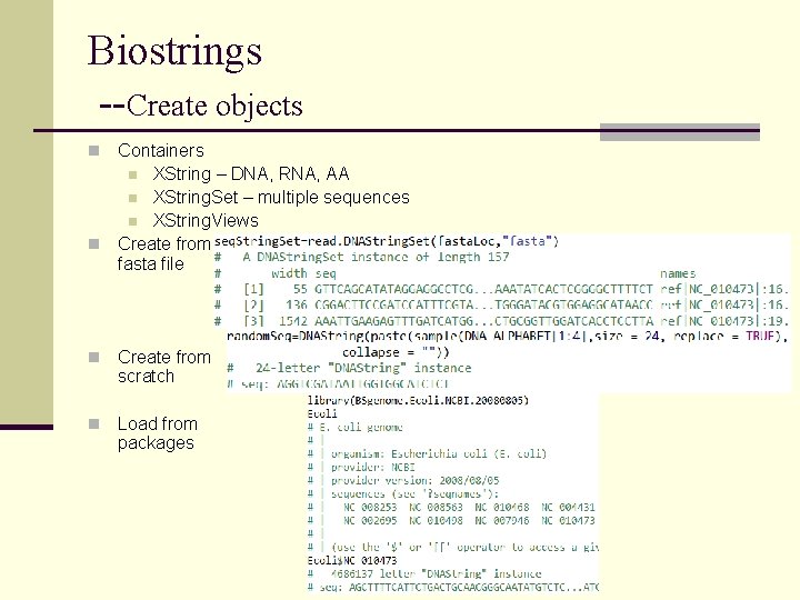 Biostrings --Create objects Containers n XString – DNA, RNA, AA n XString. Set –